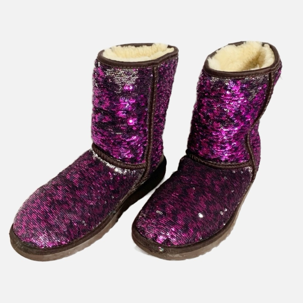 UGG Classic Tone Reversible Purple Velvet Silver Sequin Classic Short Boots